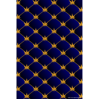 Quilted in Blue. Blue background with gold colored pot leaf tacks.