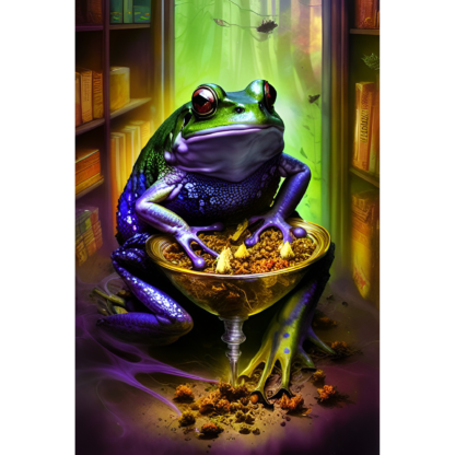Frog for Higher Education Green, blue & purple frog in a library packing a bowl of weed to smoke with a swamp outside the door.